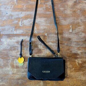 R. RIVETER Black Canvas Leather Flap Clutch Crossbody Adjustable Strap EUC